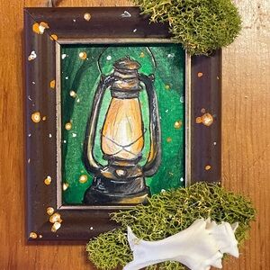 Framed Green Lantern Painting with Orange Glow
